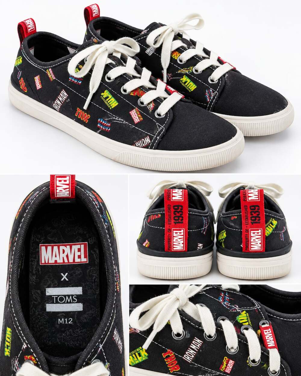 Toms Size 12 Marvel Black Superhero Logo Print Low Sneakers